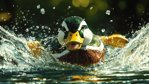 Playful duck splashing forward in bright sunlit water.