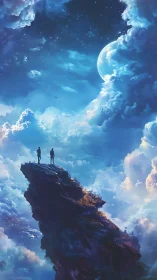 Two figures stand on sky cliff under moonlit clouds.