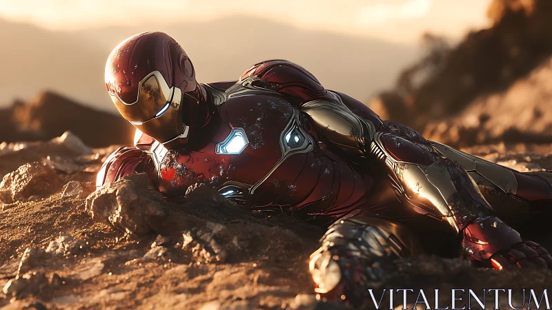 Battle-worn armored hero resting in a quiet sunset valley.