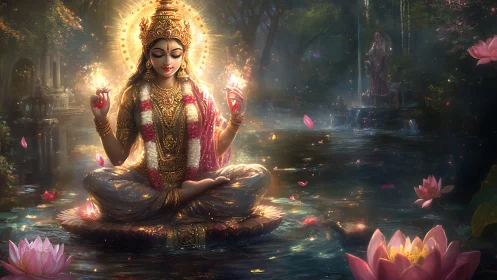 Luminous lotus deity in radiative aquatic sanctum rendering.