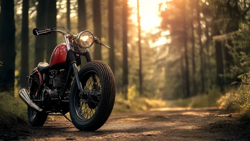 Red motorcycle on forest dirt road under soft daylight.