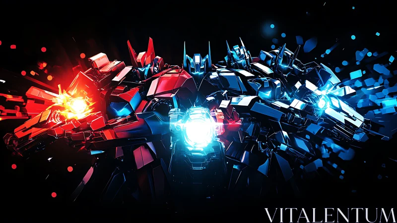 Bold twin mechs blaze forward in neon red and blue light.