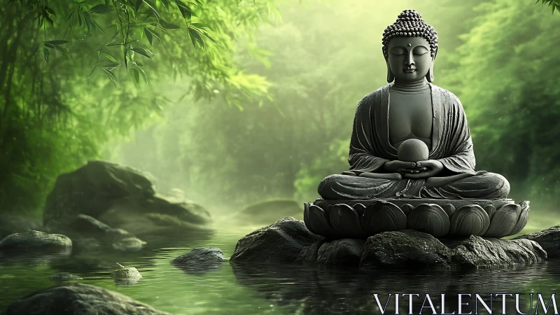 Stone buddha cradles stillness above a whispering forest stream