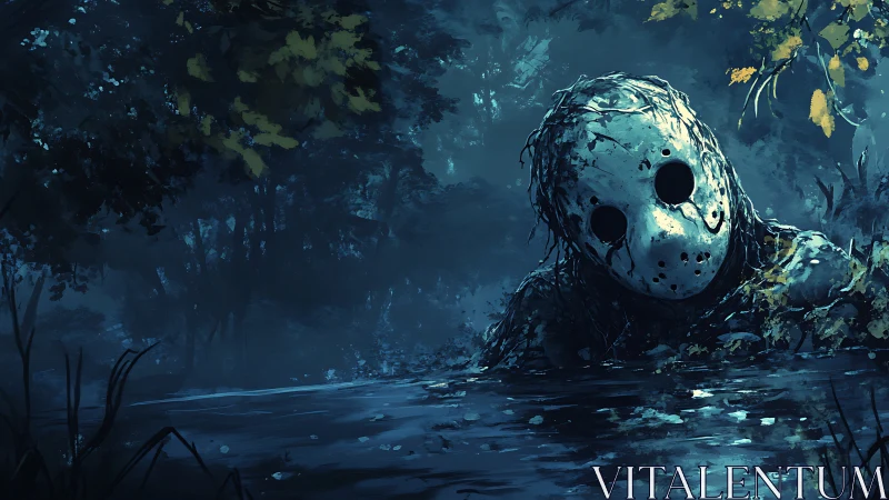 Masked figure emerging from dark forest pond at night.