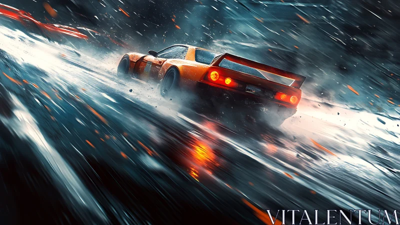 Orange race car drifting through wet neon lit roadway.