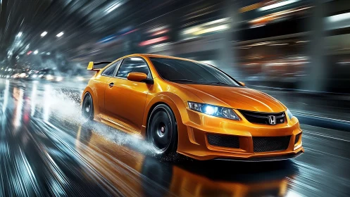 Orange Honda sports car racing through wet neon city street.