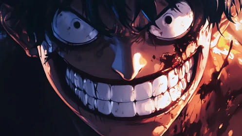 Battle-scarred anime fighter grins through blazing chaos.