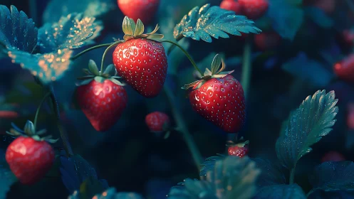 Ripe strawberries on plants under cool dewy lighting.