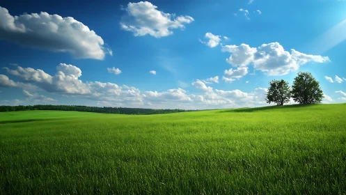 Emerald meadow stretches beneath deep cobalt summer sky.