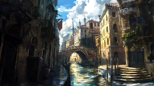 Sunlit canal bridge where old stone streets breathe slowly.