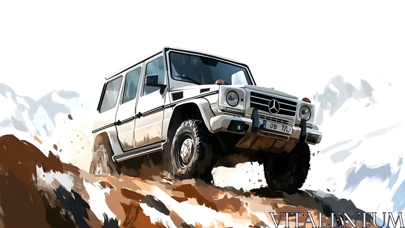 Mercedes off road SUV climbing rocky slope in stylized digital art