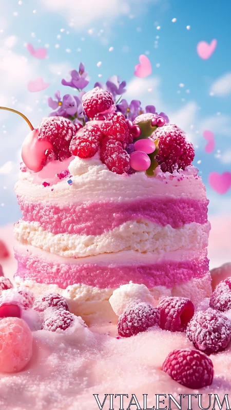 Layered Raspberry Cake with Floral Garnish.