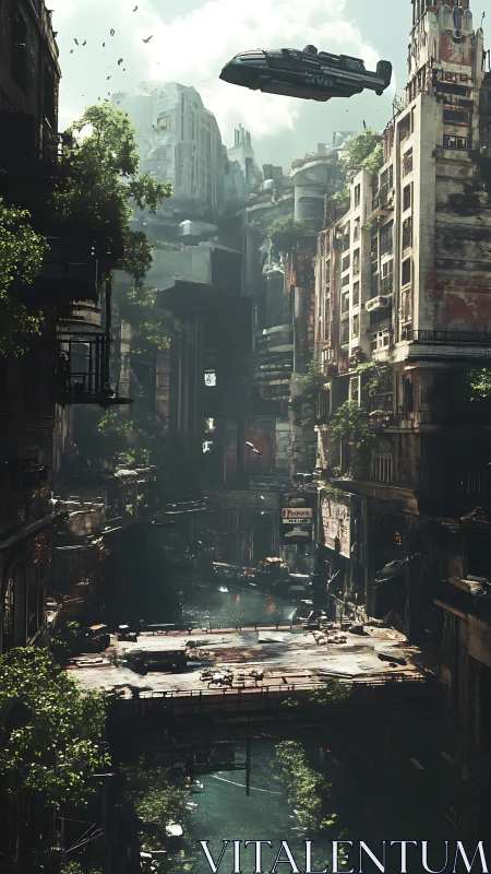 Skyship above drowned ruins in lush postcity canyon.