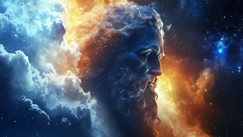 Cosmic deity profile divides stormy sky and burning nebula.