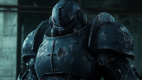 Heavily weathered industrial combat exosuit in idle standby mode.