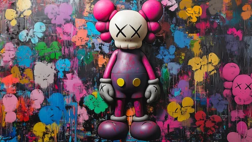 Vinyl-style skull cartoon figure on neon graffiti backdrop