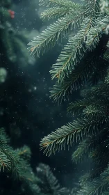 Snow-dusted fir needles reveal macro detail in soft winter bokeh