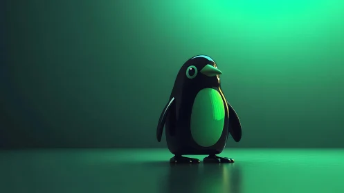 Glossy Cartoon Penguin in Futuristic Green Studio Lighting.