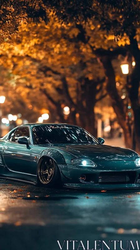 Modified teal sports coupe idles under autumn streetlights at night
