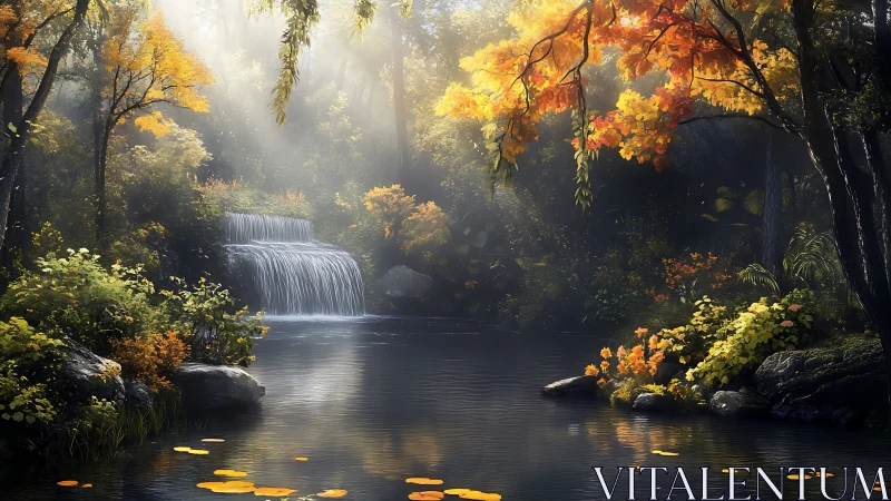 Forest waterfall pool with autumn foliage in soft daylight.
