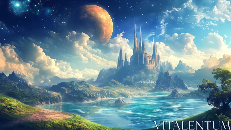 Fantasy lakeside castle under alien planet sky at dusk.