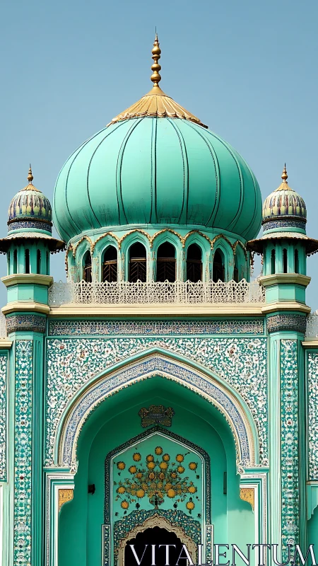 Turquoise mosque dome and ornate arched entrance facade.