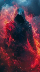 Hooded dark figure engulfed in swirling red firestorm.