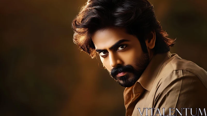 Photorealistic male portrait with cinematic warm rim lighting.