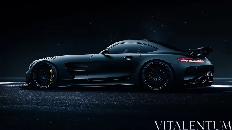 Low-angle side profile shows matte black sports coupe at night