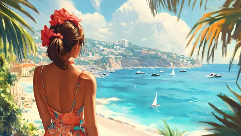 Woman in floral dress surveys sunlit Mediterranean marina