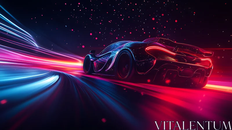 Futuristic sports car on neon highway in motion blur.