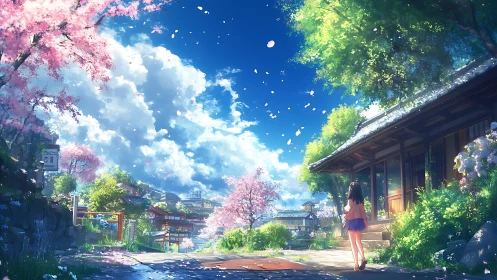 Girl walks through cherry blossom village under bright sky