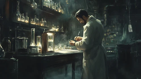 Nocturnal chemist in dim industrial laboratory interior.