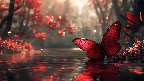 Crimson butterfly resting by a tranquil forest stream.