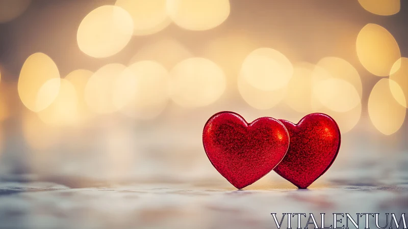 Twin Red Glitter Hearts with Warm Bokeh Ambient Lighting