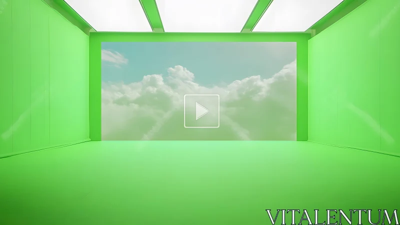 Modern green screen studio interior with virtual sky background.