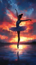 Ballerina silhouette pirouettes through a stormlit sunset sky.