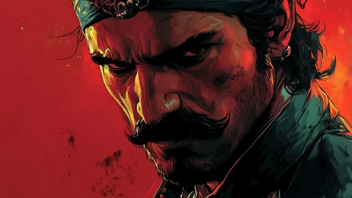 Brooding mustached warrior glowers in fiery red portrait.
