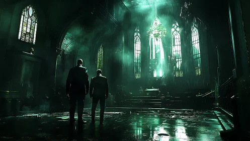 Two figures in dark cathedral interior with green light.