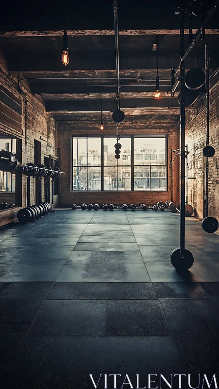 Inviting industrial gym space bathed in soft city light.