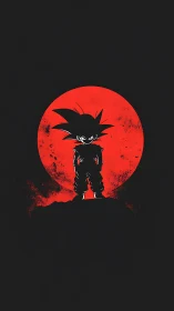 Silhouetted spiky-haired warrior against red grunge moon circle