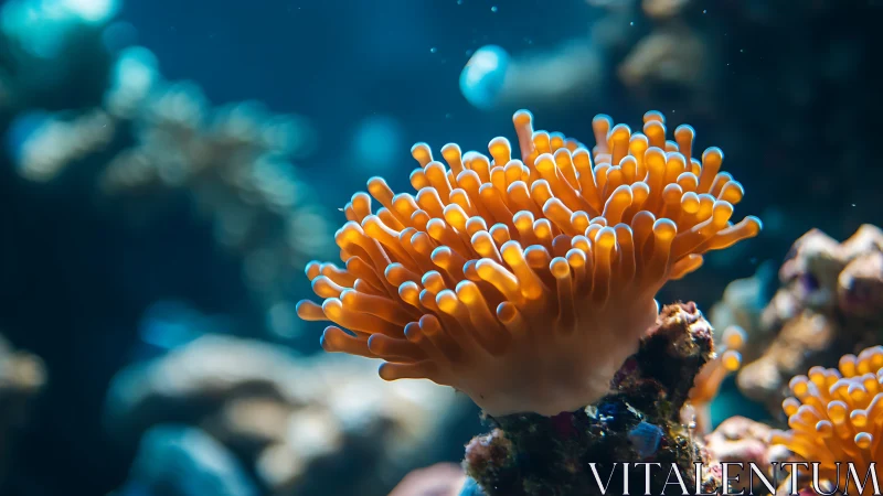 Orange coral polyps glow under filtered ocean light.