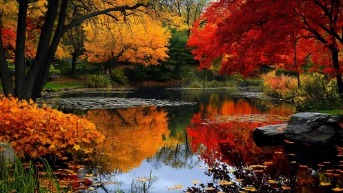 Autumn foliage and pond reflection in a wooded park setting.