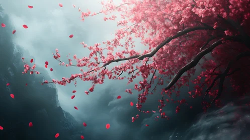 Cherry blossom branch arcs over misty ravine with drifting petals