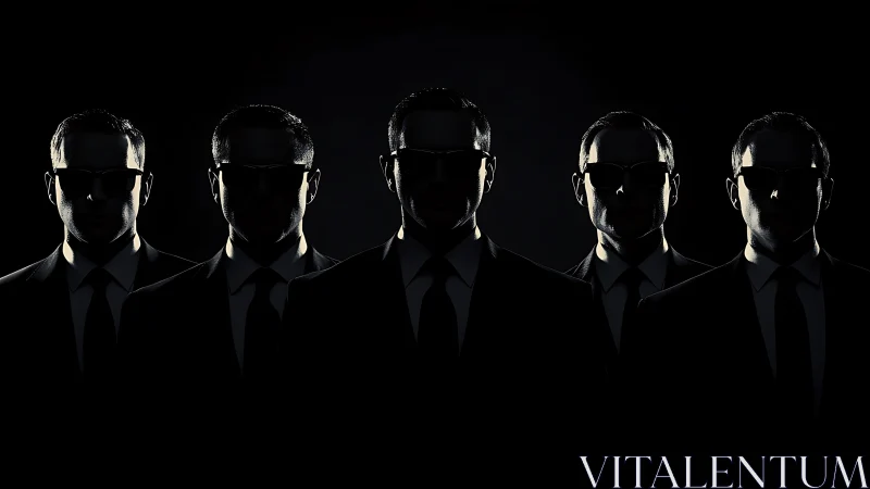 Silhouetted suited agents stand in dramatic cinematic shadow