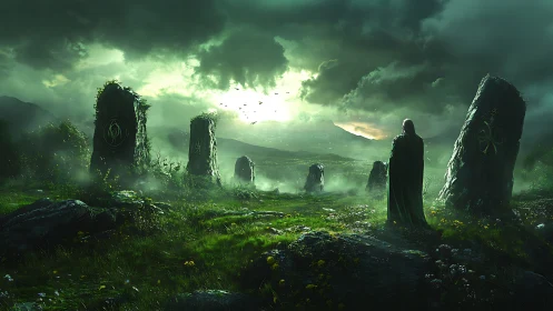 Mysterious cloaked wanderer greets a glowing stone circle
