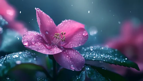 Pink flower petals covered with water droplets.