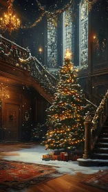 Grand staircase winter atrium with illuminated Christmas tree.