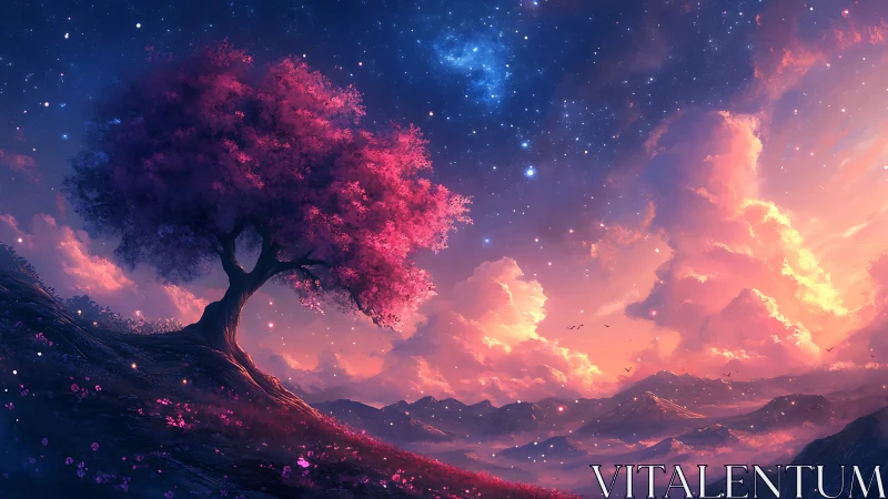 Pink tree on hill under vivid starry sunset sky.