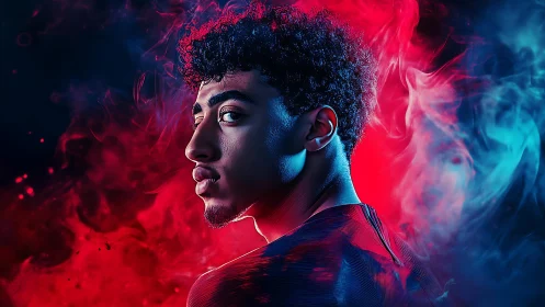 Man in profile surrounded by contrasting red and blue smoke